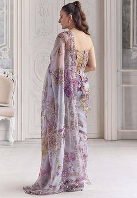 Lavender star georgette sequence & mirror work saree with unstitched blouse 3