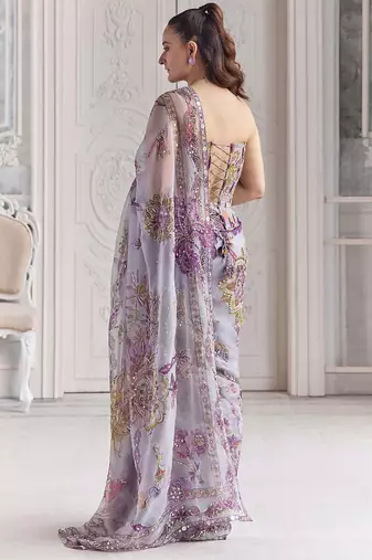 Lavender star georgette sequence & mirror work saree with unstitched blouse