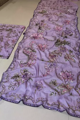 Lavender star georgette sequence & mirror work saree with unstitched blouse