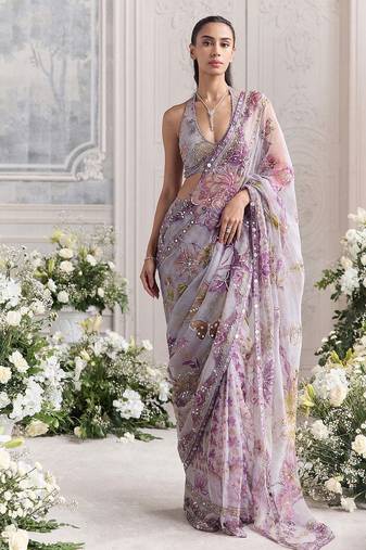 Lavender star georgette sequence & mirror work saree with unstitched blouse