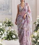 Lavender star georgette sequence & mirror work saree with unstitched blouse