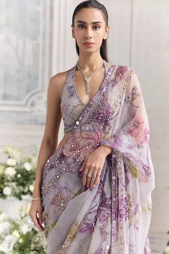 Lavender star georgette sequence & mirror work saree with unstitched blouse