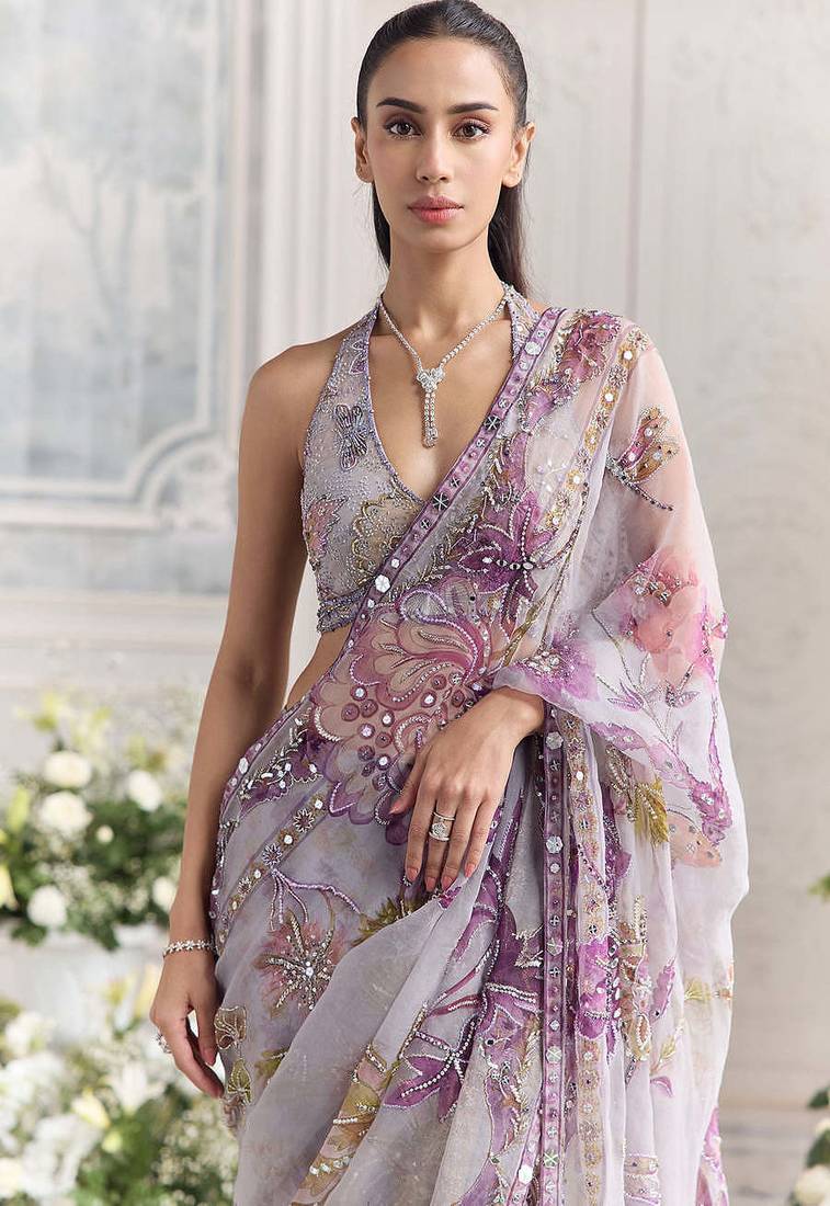 Lavender star georgette sequence & mirror work saree with unstitched blouse
