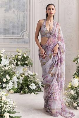 Lavender star georgette sequence & mirror work saree with unstitched blouse 3