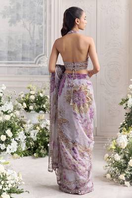 Lavender star georgette sequence & mirror work saree with unstitched blouse 4