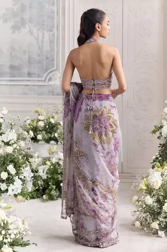 Lavender star georgette sequence & mirror work saree with unstitched blouse