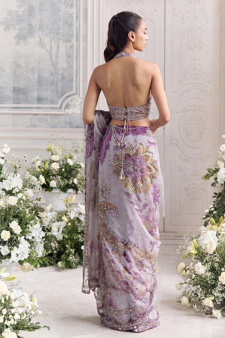 Lavender star georgette sequence & mirror work saree with unstitched blouse