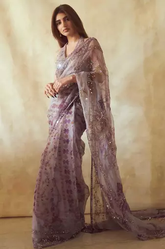 Lavender star georgette sequence & mirror work saree with unstitched blouse