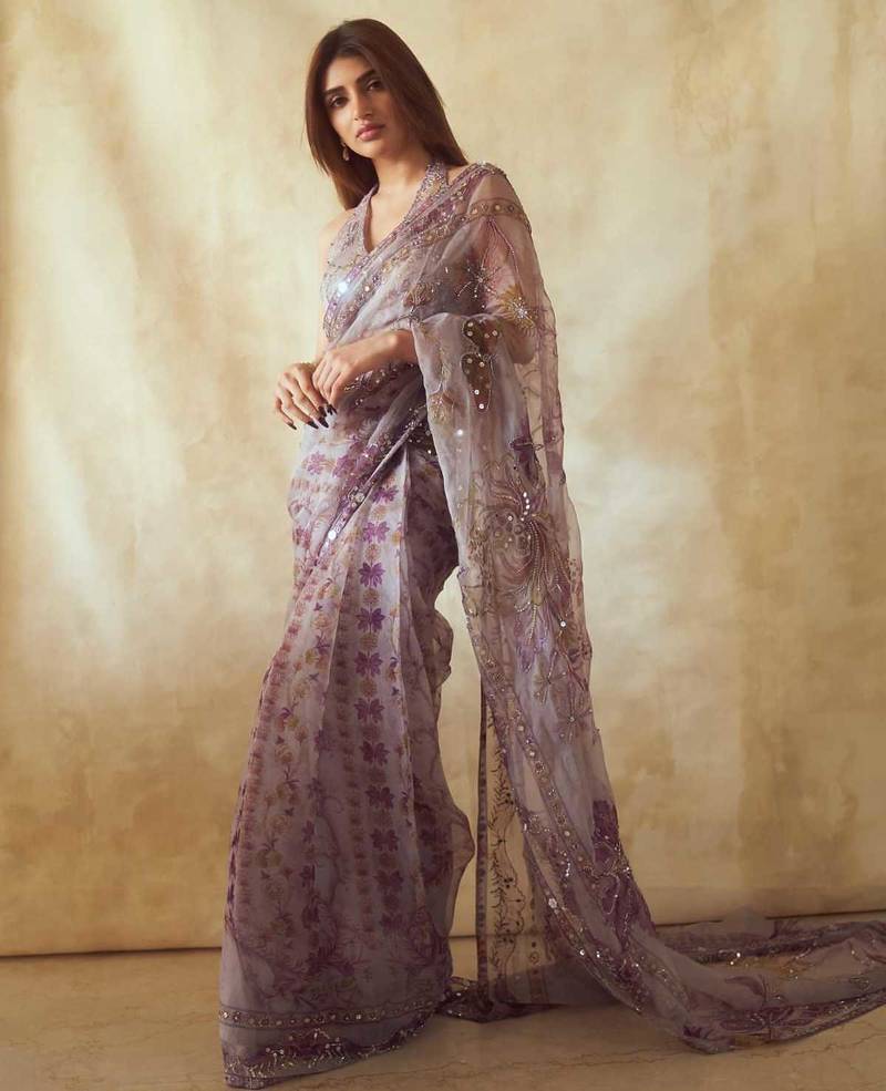 Lavender star georgette sequence & mirror work saree with unstitched blouse