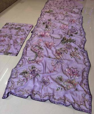 Lavender star georgette sequence & mirror work saree with unstitched blouse 4