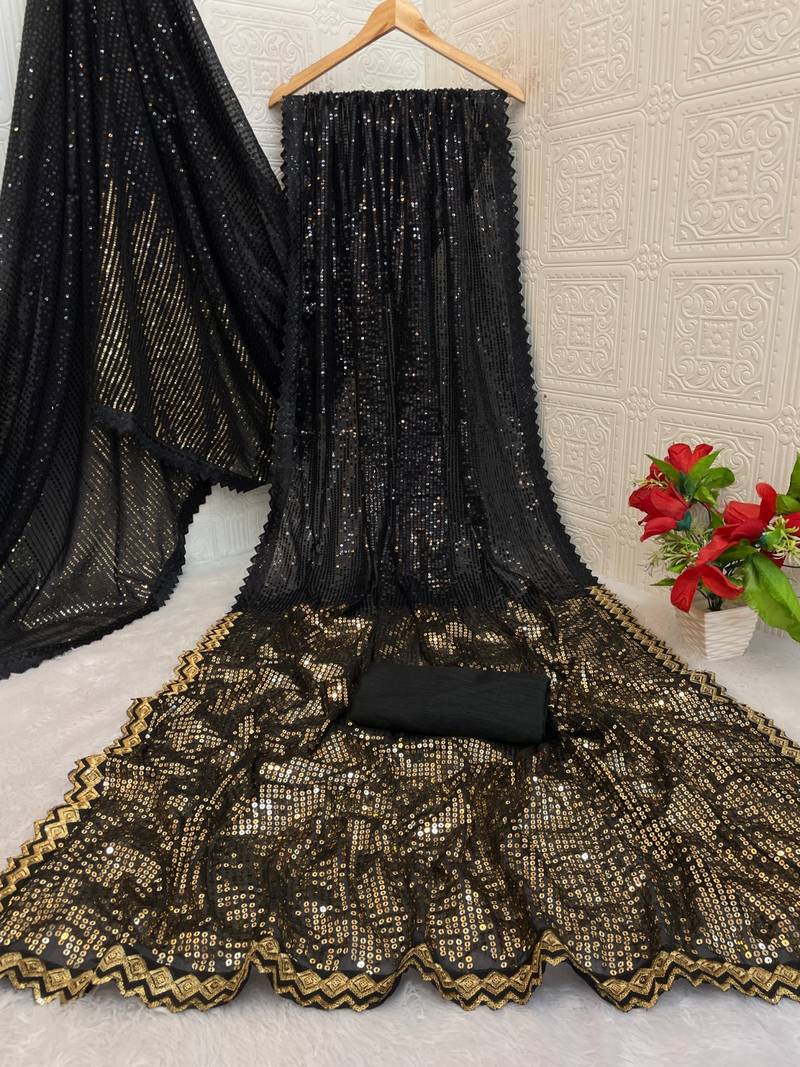 Black party wear soft georgette sequin work saree