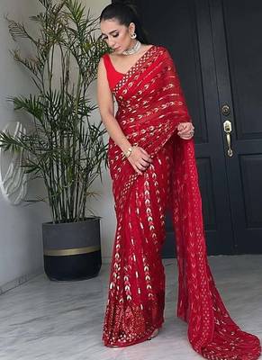 Red cocktail party wear soft georgette sequin work saree 1