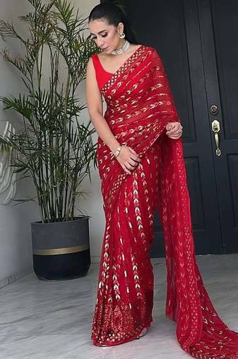 Red cocktail party wear soft georgette sequin work saree
