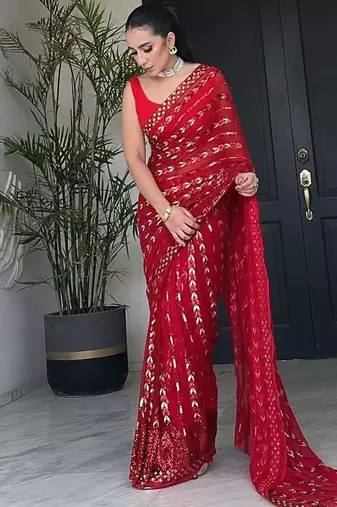 Red cocktail party wear soft georgette sequin work saree