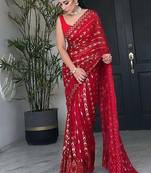 Red cocktail party wear soft georgette sequin work saree