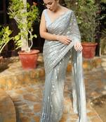 Grey cocktail party wear soft georgette sequin work saree