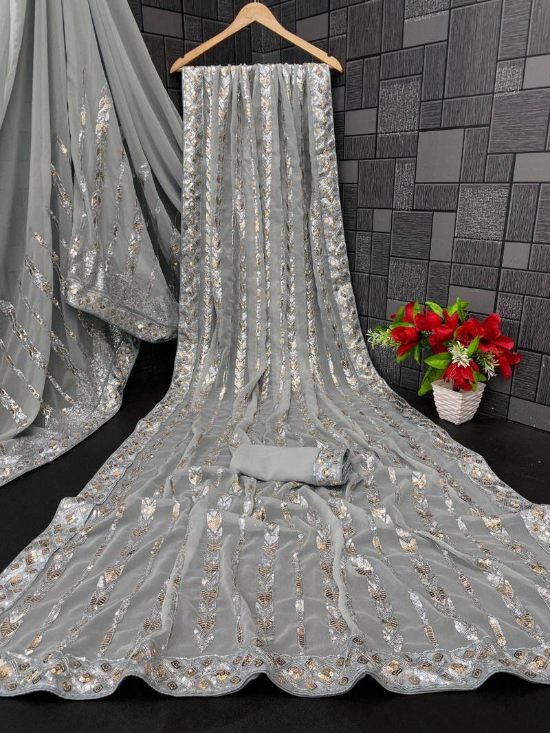 Grey cocktail party wear soft georgette sequin work saree
