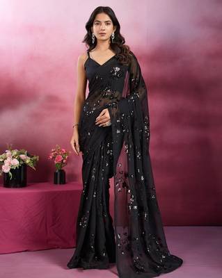 Black party wear soft georgette sequin work saree 2