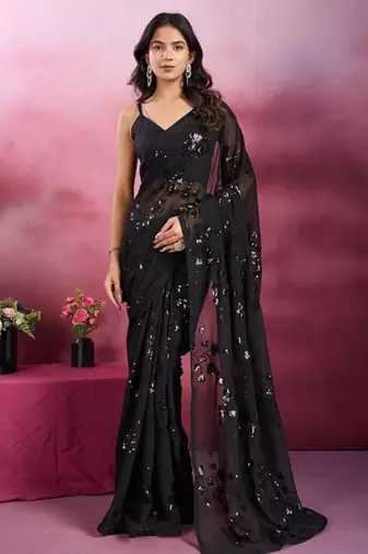 Black party wear soft georgette sequin work saree