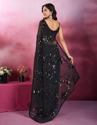 Black party wear soft georgette sequin work saree 3