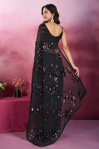 Black party wear soft georgette sequin work saree