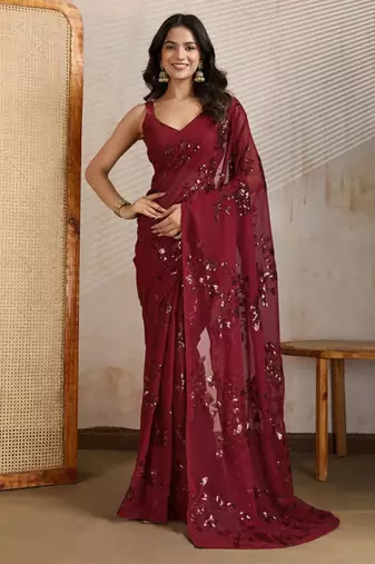Maroon party wear soft georgette sequin work saree