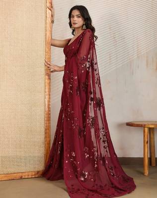 Maroon party wear soft georgette sequin work saree 2