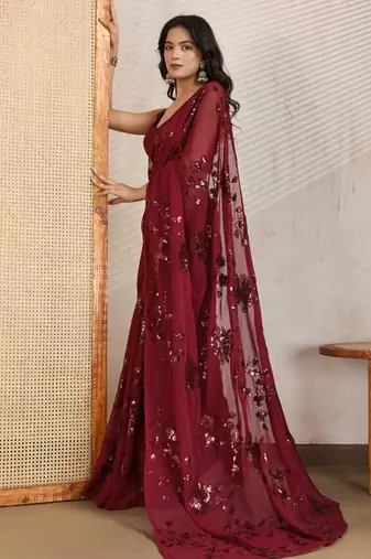 Maroon party wear soft georgette sequin work saree