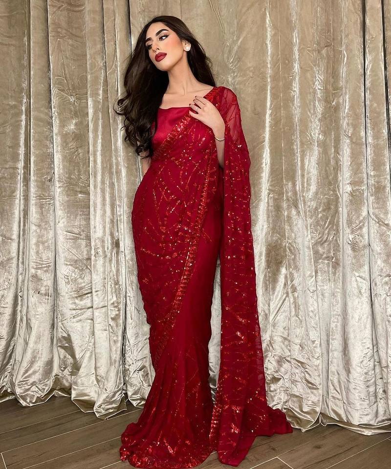 Red party wear soft georgette sequin work saree