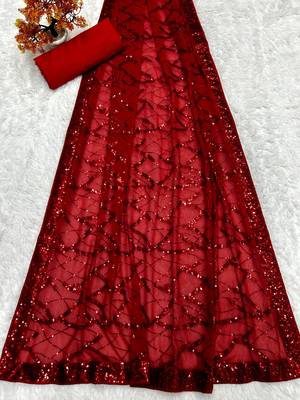 Red party wear soft georgette sequin work saree 3