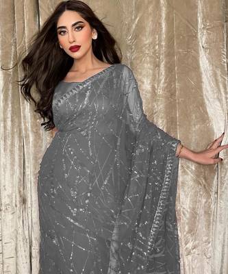 Grey party wear soft georgette sequin work saree 1