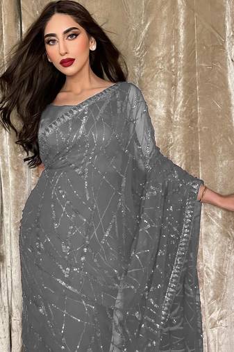 Grey party wear soft georgette sequin work saree