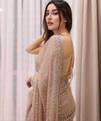 Peach party wear soft georgette sequin saree with plain blouse 2