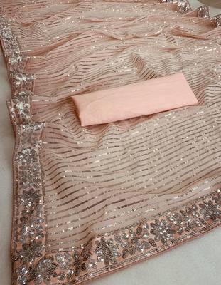 Peach party wear soft georgette sequin saree with plain blouse 4