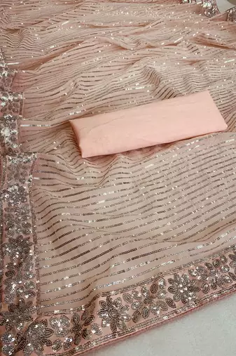 Peach party wear soft georgette sequin saree with plain blouse