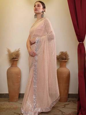 Peach party wear soft georgette sequin saree with plain blouse 2