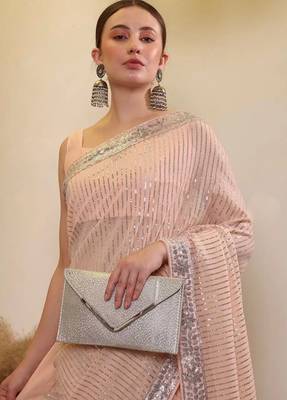 Peach party wear soft georgette sequin saree with plain blouse 3
