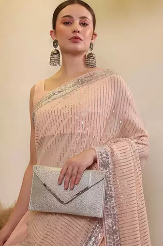 Peach party wear soft georgette sequin saree with plain blouse
