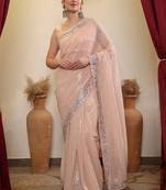 Peach party wear soft georgette sequin saree with plain blouse