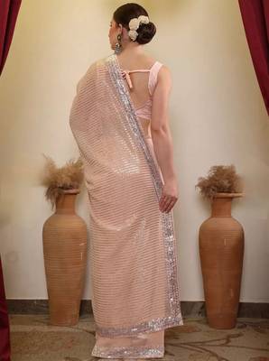 Peach party wear soft georgette sequin saree with plain blouse 4