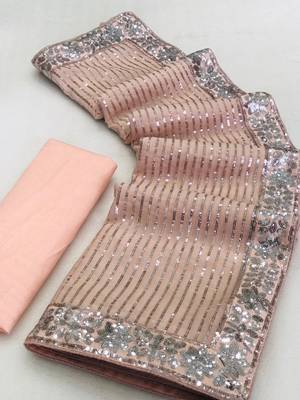 Peach party wear soft georgette sequin saree with plain blouse 5