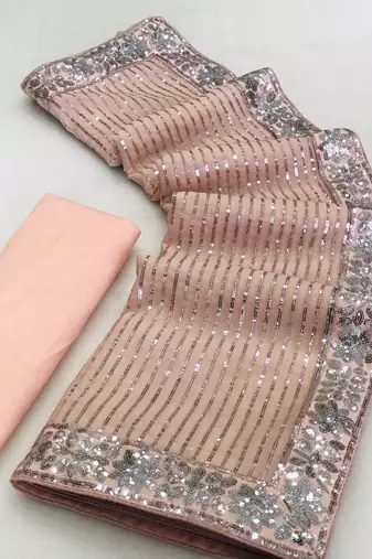 Peach party wear soft georgette sequin saree with plain blouse