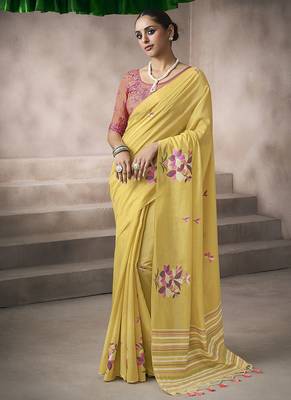 yellow cotton blend woven pallu tassels casaul wear saree 1