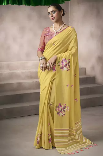 yellow cotton blend woven pallu tassels casaul wear saree
