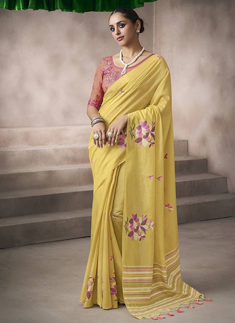 yellow cotton blend woven pallu tassels casaul wear saree