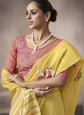 yellow cotton blend woven pallu tassels casaul wear saree 2