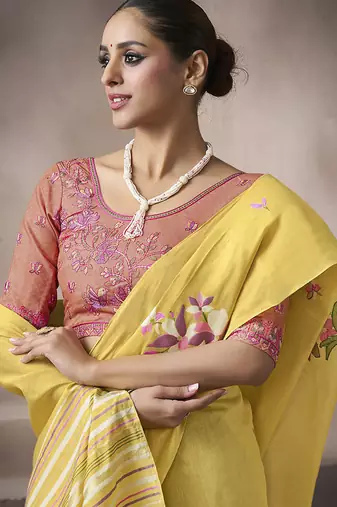 yellow cotton blend woven pallu tassels casaul wear saree