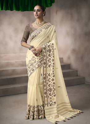 off white cotton blend woven pallu tassels casaul wear saree 1