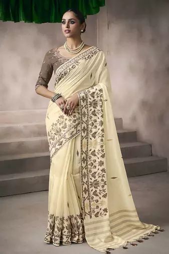 off white cotton blend woven pallu tassels casaul wear saree