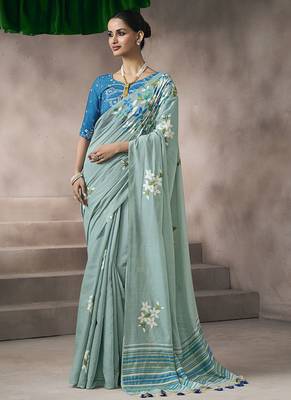 sky blue cotton blend woven pallu tassels casaul wear saree 1